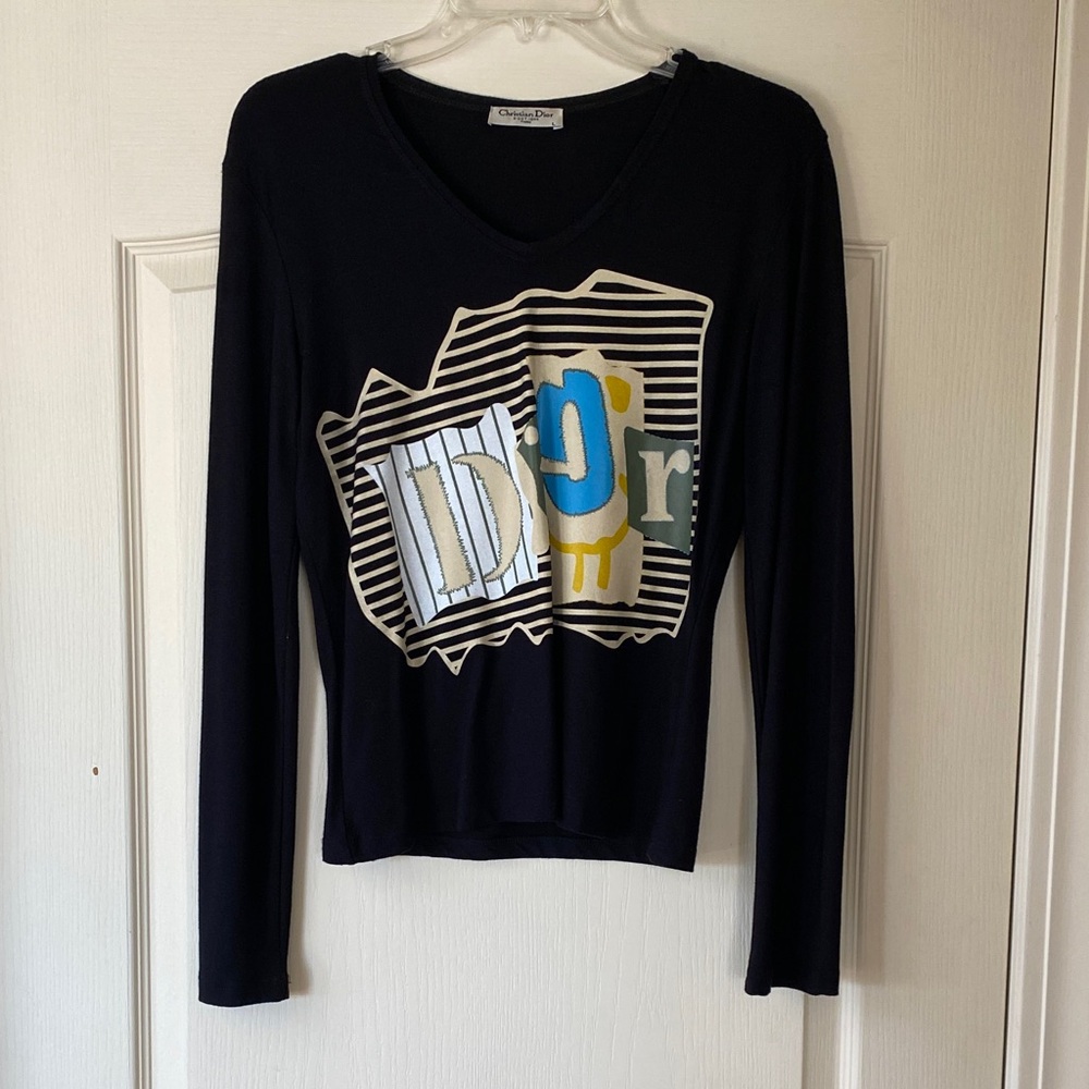 Dior Black Long-Sleeve Graphic V-Neck Top with Multicolor Print